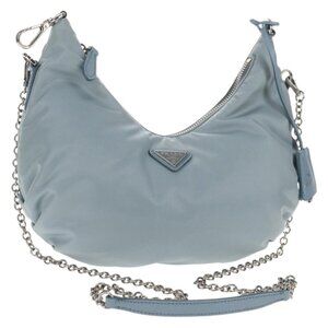 PRADA Chain Shoulder Bag Nylon Light Blue Silver Auth 145974M